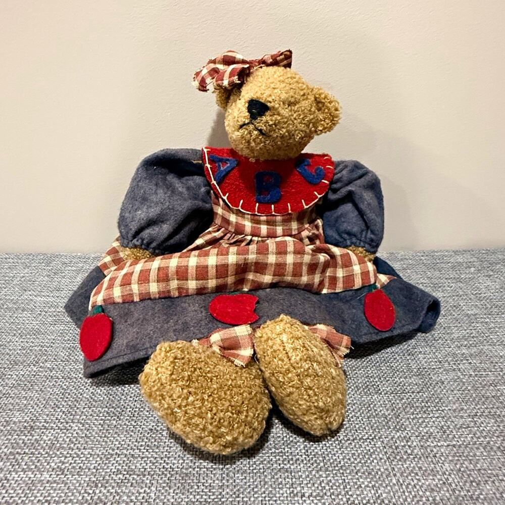 Beige Plush Teddy Bear with Blue & Red Dress and Bow, With Clothes